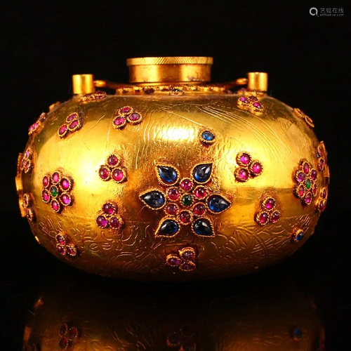 Chinese Gilt Gold Red Copper Inlay Gems Handle Pot