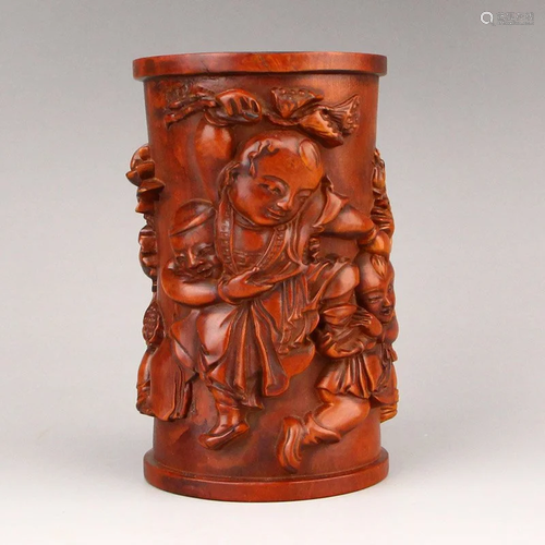 Vintage Chinese Boxwood Wood Kids Brush Pot