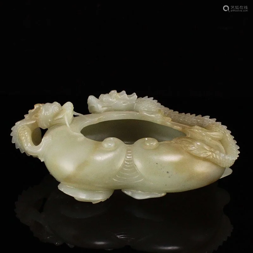 Superb Qing Dy Hetian Jade Double Dragon Brush Washer