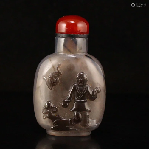 Chinese Agate Low Relief Kid & Bat Snuff Bottle