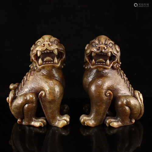 A Pair Superb Vintage Hetian Jade Lucky Lion Statues