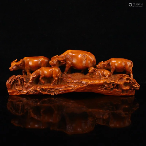 Chinese Boxwood Wood Five Ox Statue