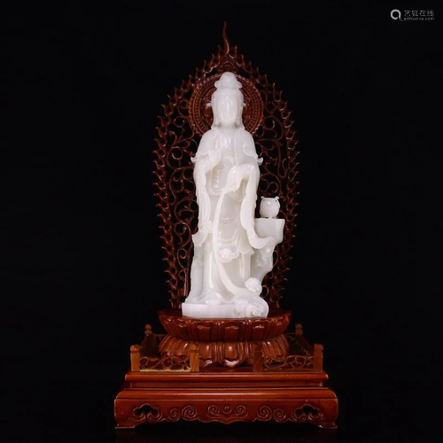 Xinjiang Hetian Yangzhi White Jade Kwan-yin Statue