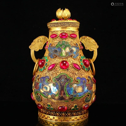 Gold Wire Enamel Inlay Gem Double Rings Pot w Lid