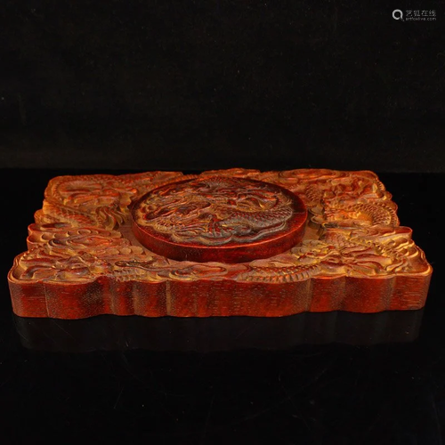 Vintage Chinese Boxwood Wood Inkstone w Lid