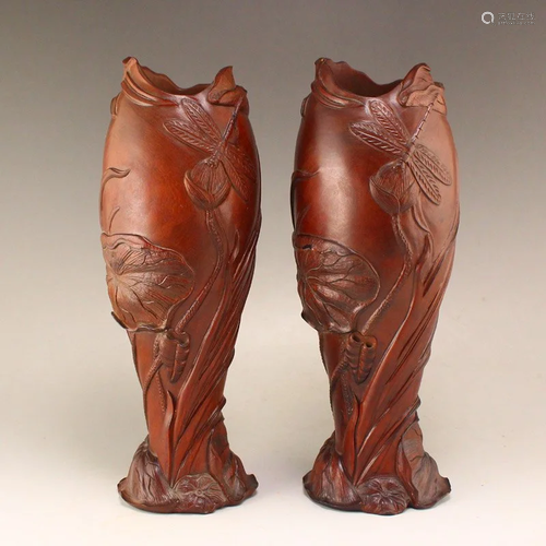 A Pair Boxwood Wood Carved Lotus Leaf & Dragonfly Vases