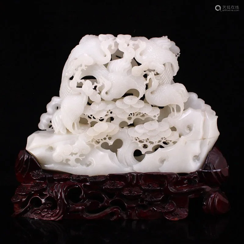 Qing Dy White Hetian Jade Pine Tree & Crane Statue