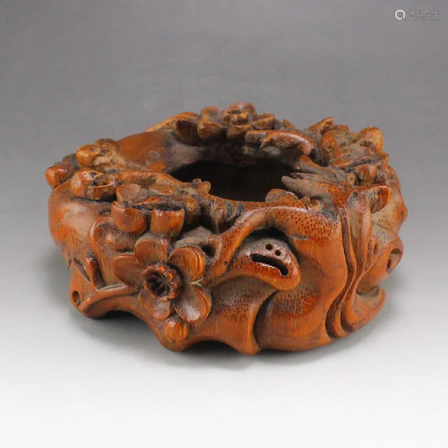 Vintage Bamboo Root Carved Plum Flower Brush Washer