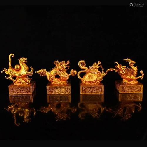 Set Four Gilt Gold Red Copper Divine Beast Seals