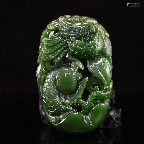 Chinese Natural Green Hetian Jade Eagle & Fish Pendant