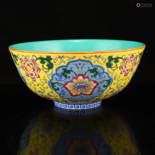 Chinese Yellow Ground Famille Rose Porcelain Bowl