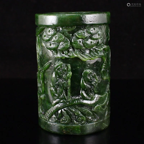 Natural Green Hetian Jade Pine Tree & Figures Brush Pot