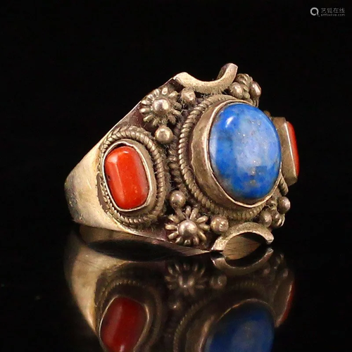 Tibetan Pure Silver Inlay Lapis Lazuli & Coral Ring