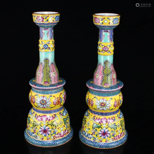 A Pair Gilt Edges Famille Rose Porcelain Candlesticks