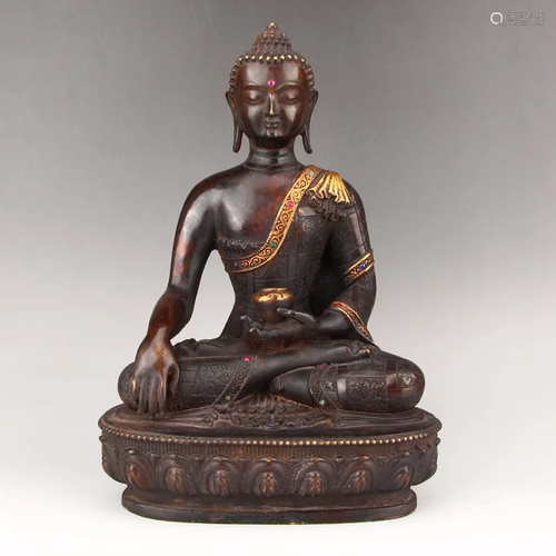 Gilt Gold Red Copper Inlay Gem Sakyamuni Buddha Statue