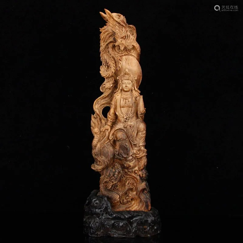 Qing Chenxiang Wood Kwan-yin & Dragon Phoenix Statue