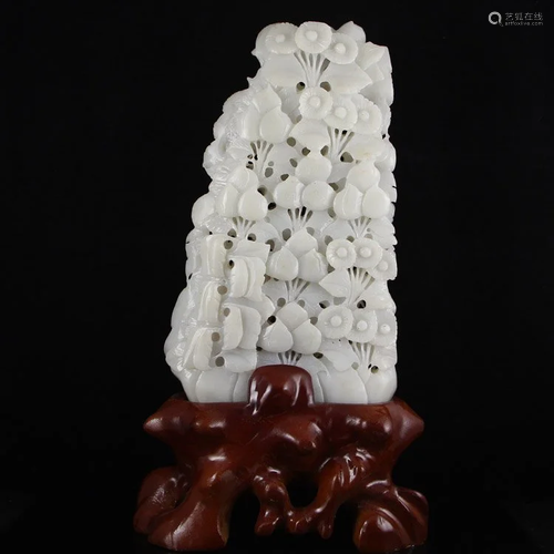 Chinese Natural Hetian Jade Statue - Peacock & Flowers