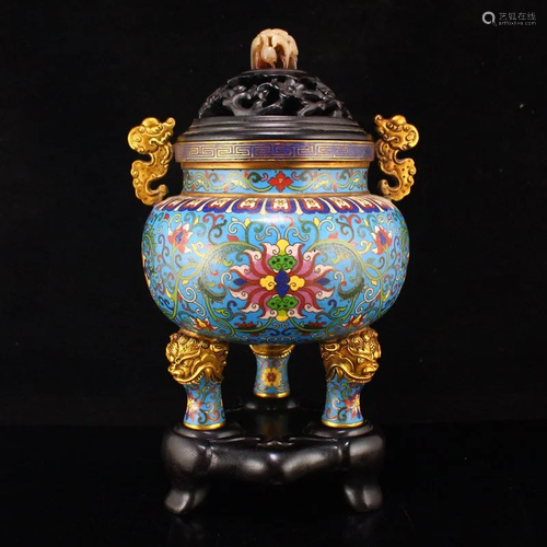 Gilt Gold Red Copper Cloisonne 3 Legs Incense Burner