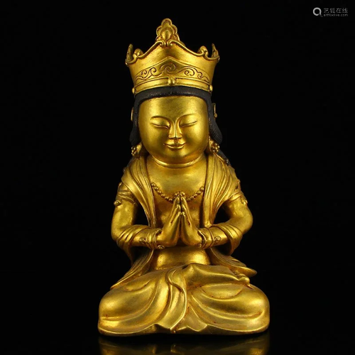 Vintage Chinese Gilt Gold Bronze Bodhisattva Statue