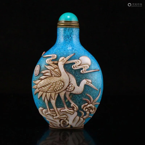 Chinese Blue Peking Glass Low Relief Crane Snuff Bottle