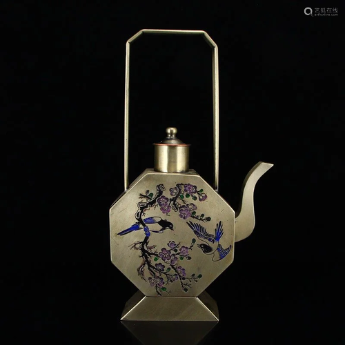 Chinese White Copper Magpie Plum Blossom Design Teapot