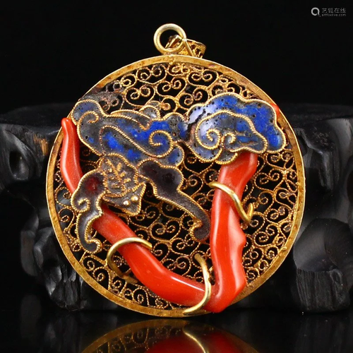 Silver Wire Gilt Gold Enamel Inlay Red Coral Pendant