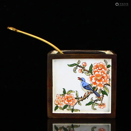 Chinese Bronze Enamel Flower Bird Design Ink Pot