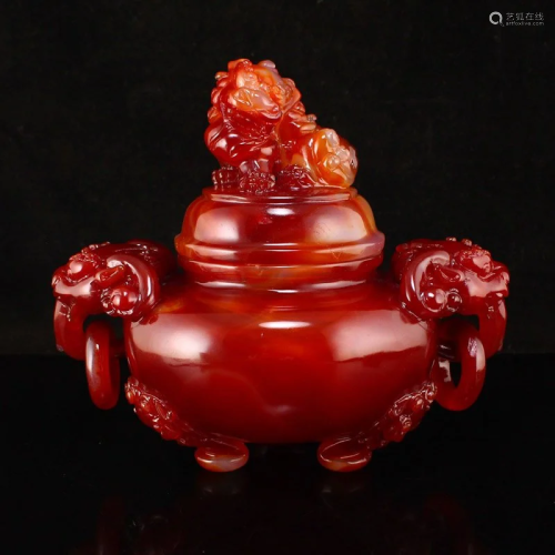 Red Agate Lucky Lion Double Rings Incense Burner