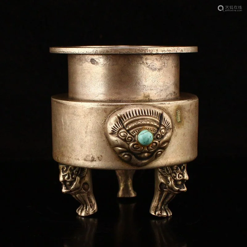 Vintage Silver Inlay Turquoise 3 Legs Incense Burner