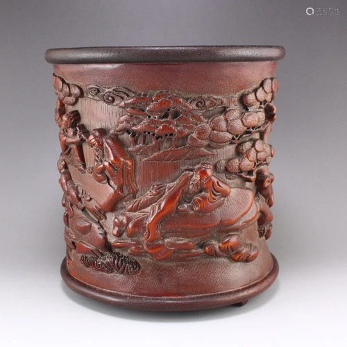 Bamboo Carved Pine Tree & Figure Brush Pot