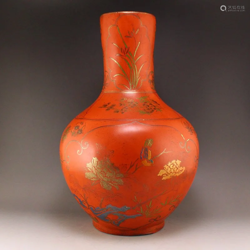 Gilt Gold Hardwood Lacquerware Peony & Bird Vase