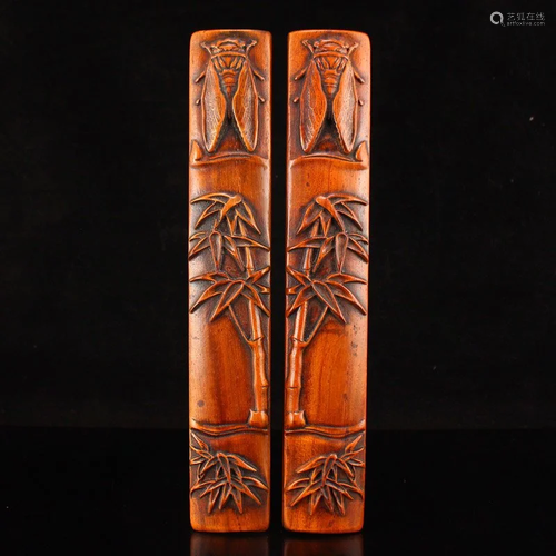 Pair Boxwood Wood Bamboo & Cicada Paperweights