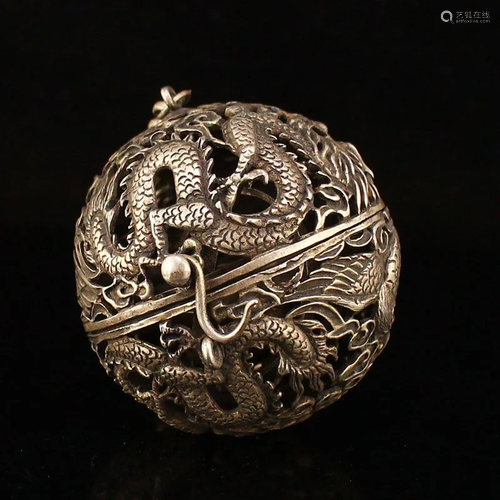 Openwork Chinese Silver Dragon Phoenix Sachet