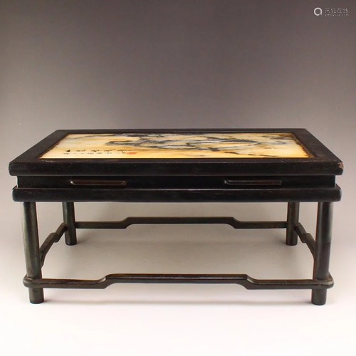 Vintage Chinese Zitan Wood Inlay Marble Tea Table