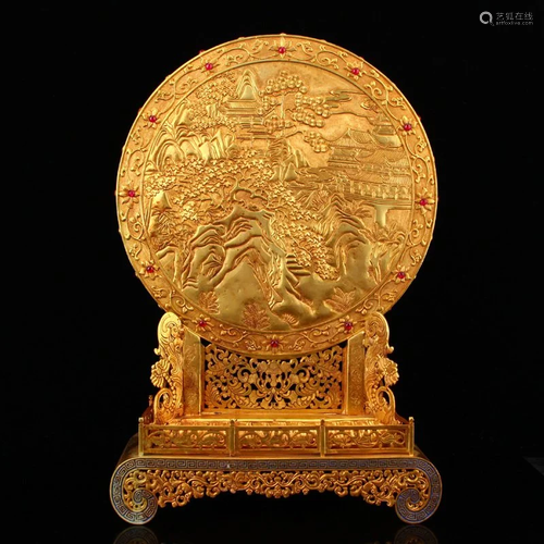 Excellent Qing Gilt Gold Red Copper Inlay Ruby Screen