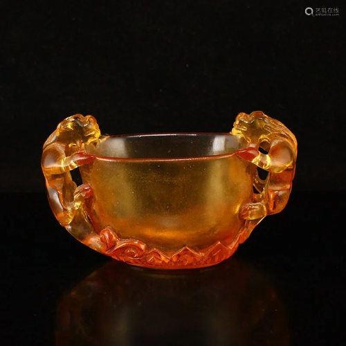 Vintage Chinese Peking Glass Double Ears Chi Dragon Cup