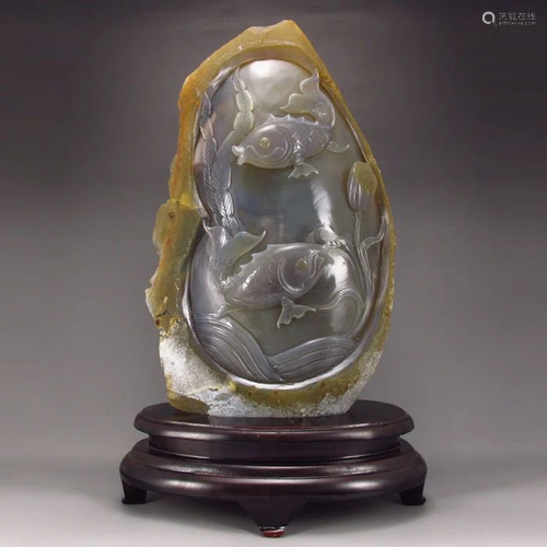 Chinese Natural Water Bile Agate Statue - Carp & Lotus