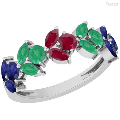 Certified 1.55 Ctw Emerald,Ruby,Blue Sapphire 14K White