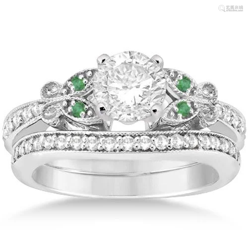 Butterfly Diamond and Emerald Bridal Set 14k White Gold