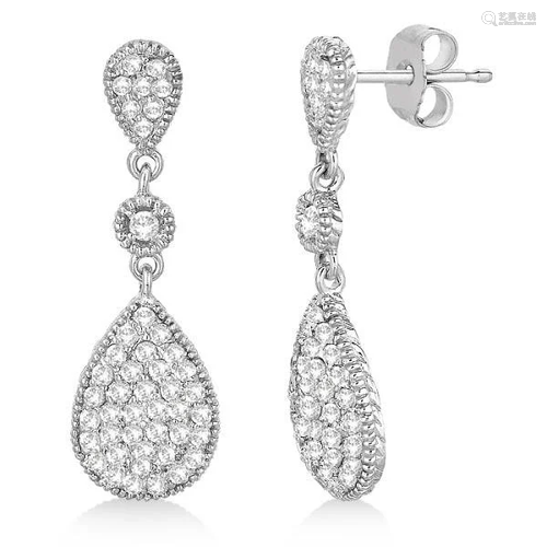 Milgrain Tear Drop Dangling Diamond Earrings 14k White