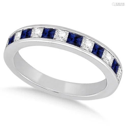 Channel Blue Sapphire and Diamond Wedding Ring 18k Whit