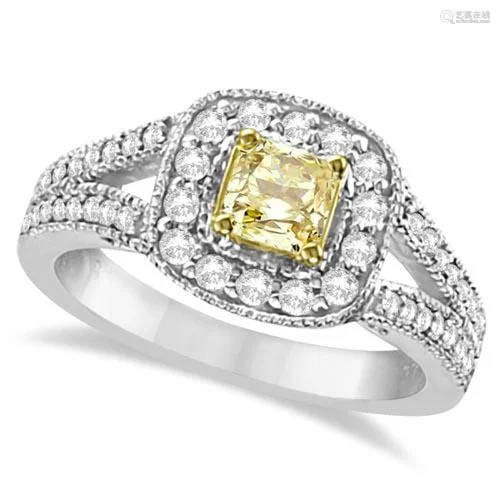 Yellow Diamond Radiant Millgrain-Edge Ring 14k White Go