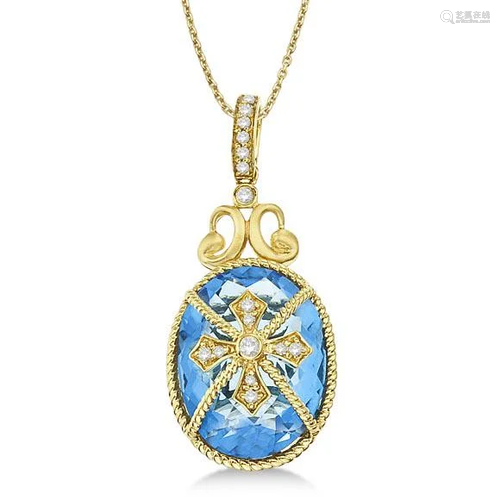 Blue Topaz and Diamond Byzantine Pendant Necklace 14k Y