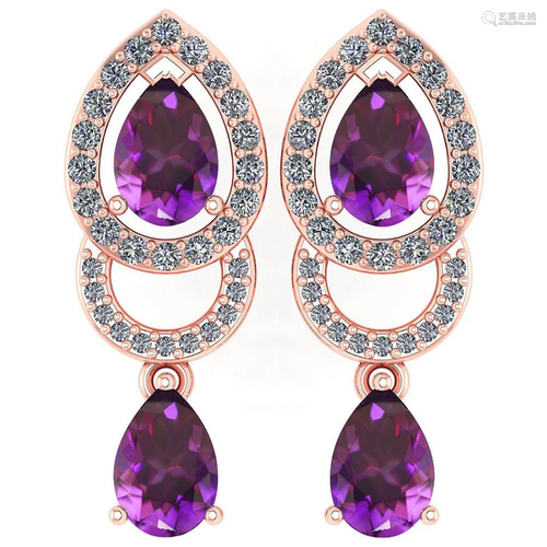 2.34 Ctw Amethyst And Diamond 14k Rose Gold Halo Dangli