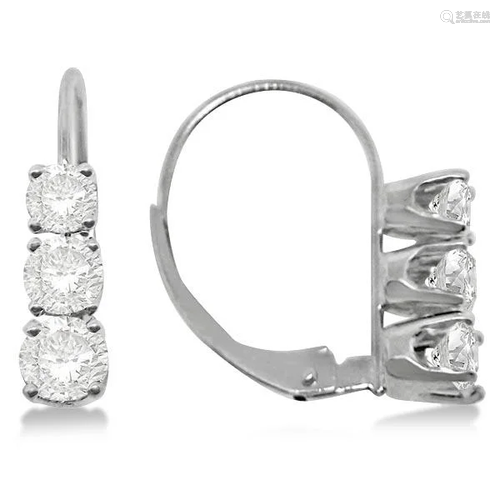 Three-Stone Leverback Diamond Earrings 14k White Gold 1