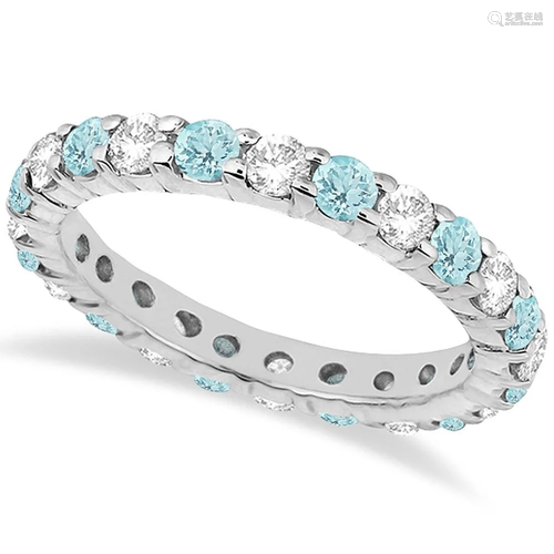 Eternity Diamond and Aquamarine Ring Band 14k White Gol