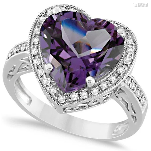 Heart Shaped Amethyst and Diamond Ring Halo 14K White G