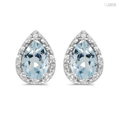 Pear Aquamarine and Diamond Stud Earrings 14k White Gol