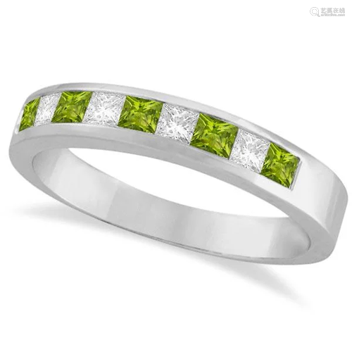 Princess Channel-Set Diamond and Peridot Ring Band 14K