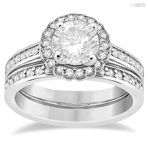 Modern Flower Halo Diamond Engagement Set Platinum 1.50